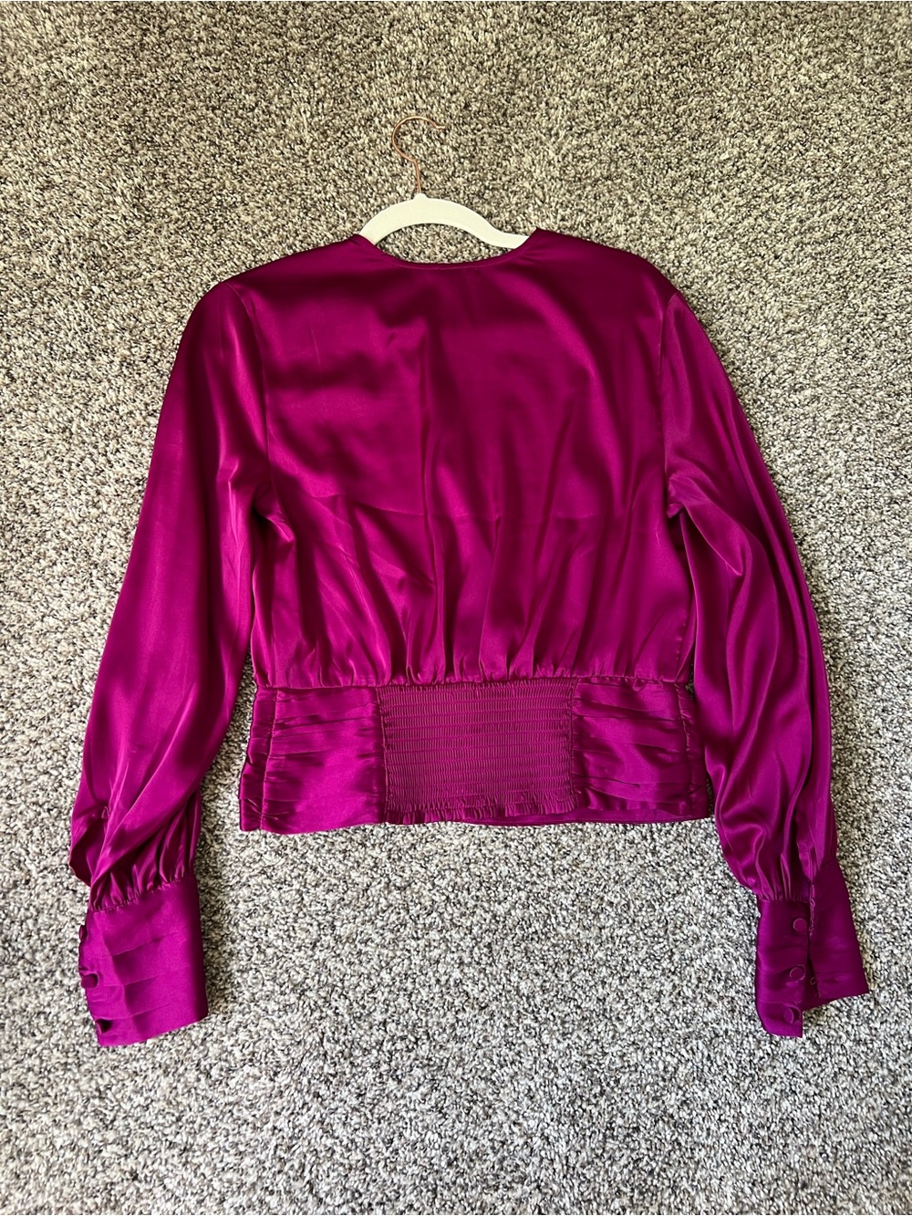 Express Fuchsia Satin Wrap-Style Blouse - Picture 2 of 3